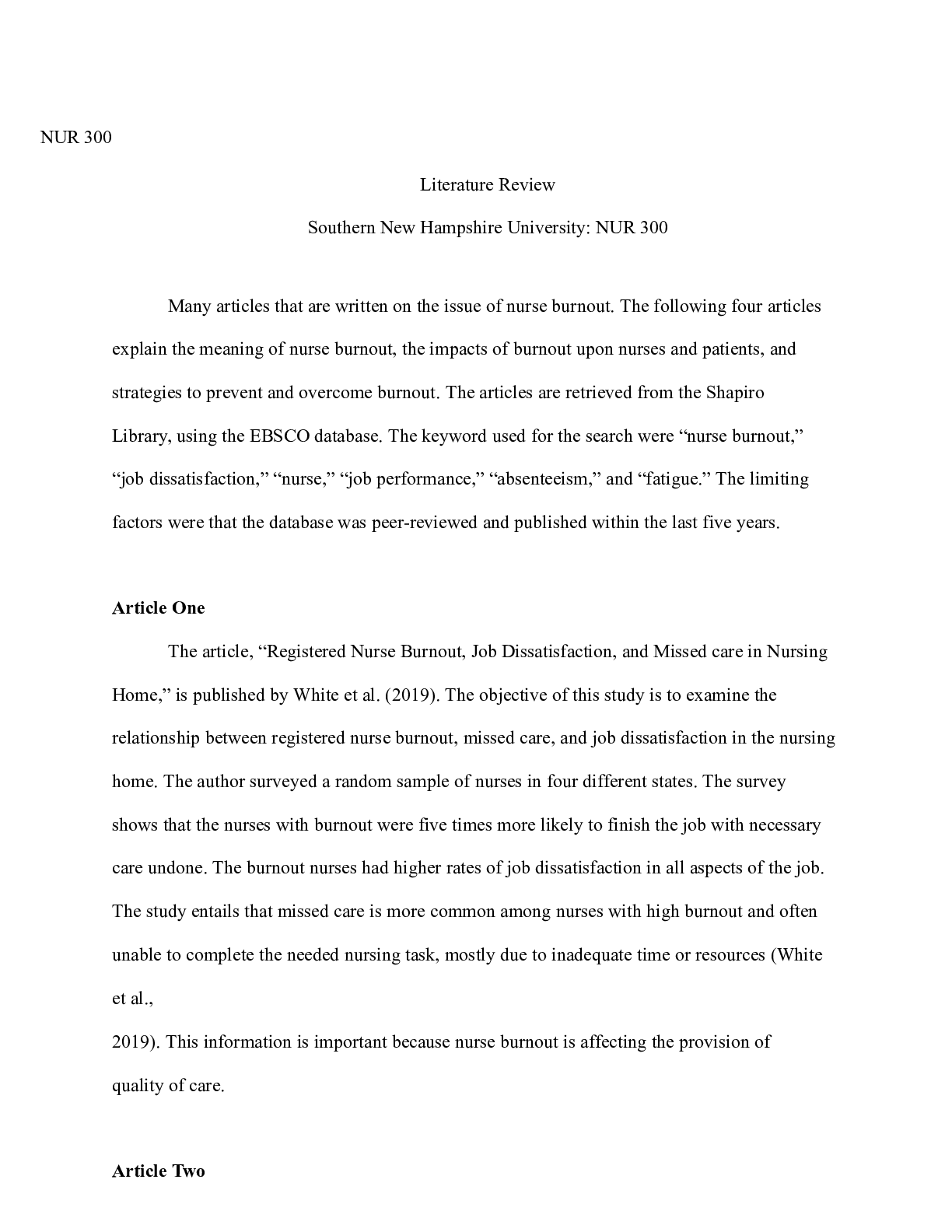 Preview image for Final Project Literature Review  6 .docx    NUR 300  Literature Review  Southern New Hamps